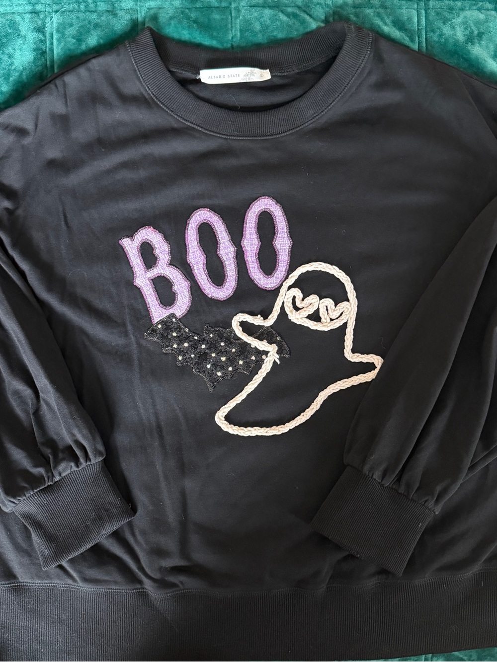 Altar'd State Black Sweatshirt with Purple 'BOO' and Cream Ghost Halloween